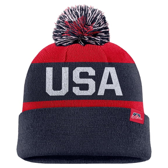 Youth Nike Navy US Hockey Peak Stripe Tri-Blend Cuffed Knit Hat with Pom