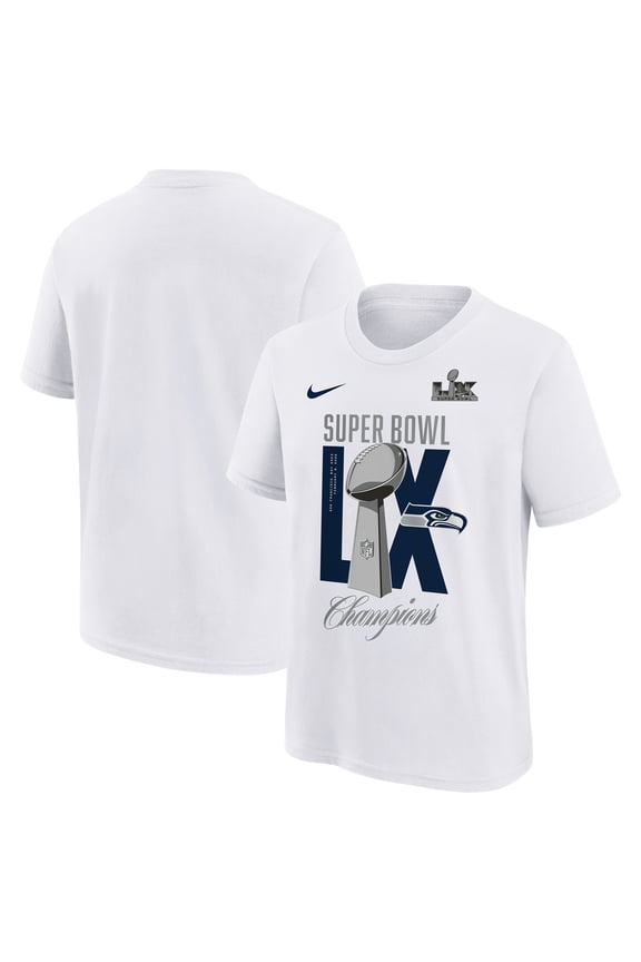 Youth Nike White Seattle Seahawks Super Bowl LX Champions Lombardi Trophy T-Shirt