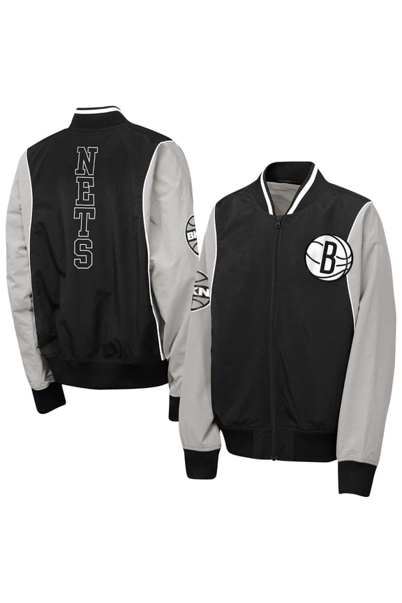 Youth Outerstuff Black/Gray Brooklyn Nets Two-Pointer Full-Zip Windbreaker
