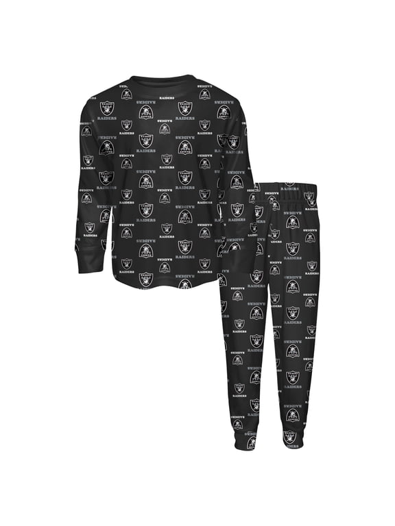 Youth Outerstuff Black Las Vegas Raiders All-Over-Print Long Sleeve T-Shirt and Pants Sleep Set
