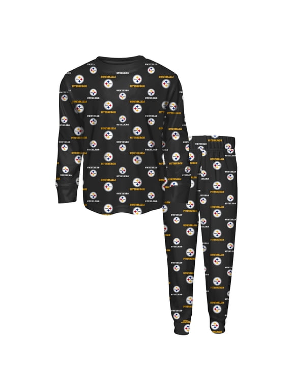 Youth Outerstuff Black Pittsburgh Steelers All-Over-Print Long Sleeve T-Shirt and Pants Sleep Set
