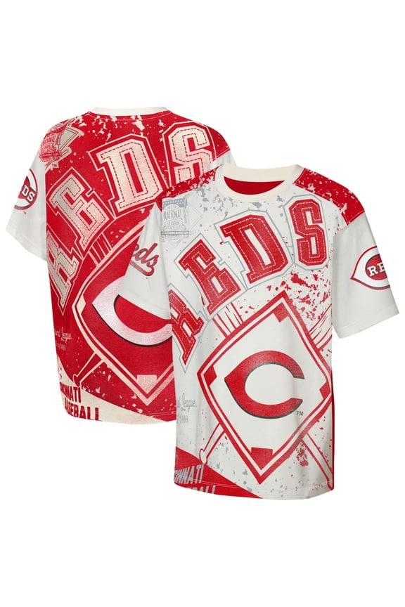 Youth Outerstuff Cream Cincinnati Reds Big League Top Player Bold All-Over-Print T-Shirt