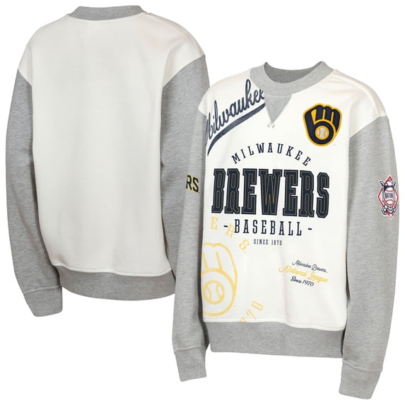 Youth Outerstuff Cream/Gray Milwaukee Brewers Big League Power Hit Fleece Sweatshirt