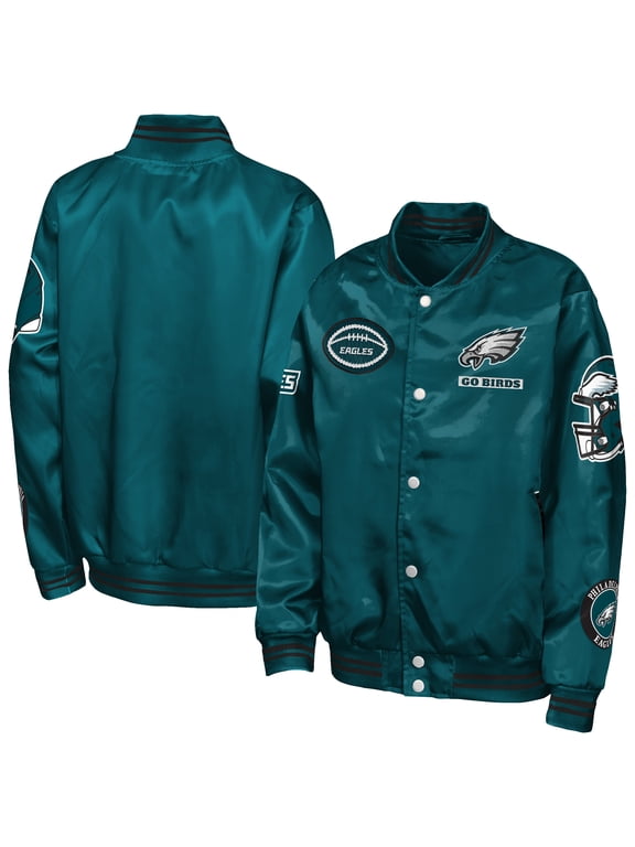 Youth Outerstuff Midnight Green Philadelphia Eagles Grid Runner Satin Patch Varsity Jacket
