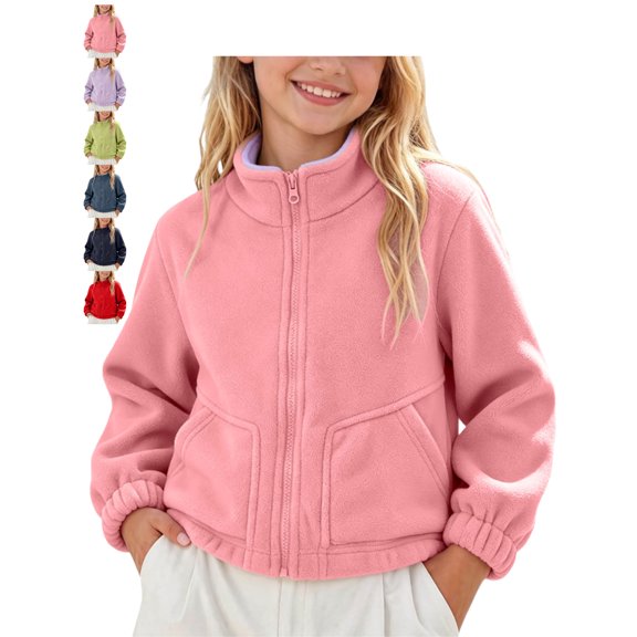 Youth Polar Fleece Jacket for Boys and Girls Stand Collar Long Sleeve Full Zip Solid Color Warm Winter Jacket
