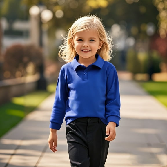 Youth Polo Shirts for Boys Long Sleeve Dark Blue Button down Shirt Boys School Uniforms Classic Toddler 1T Clothes for Boys