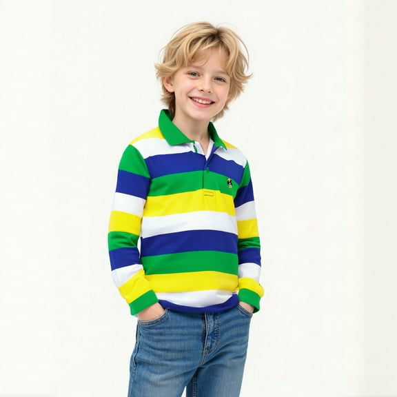Youth Polo Shirts for Boys Long Sleeve Striped Button up Shirt Boys School Uniform Casual Collared Shirt Tween Shirts for Boys 12-13 Years