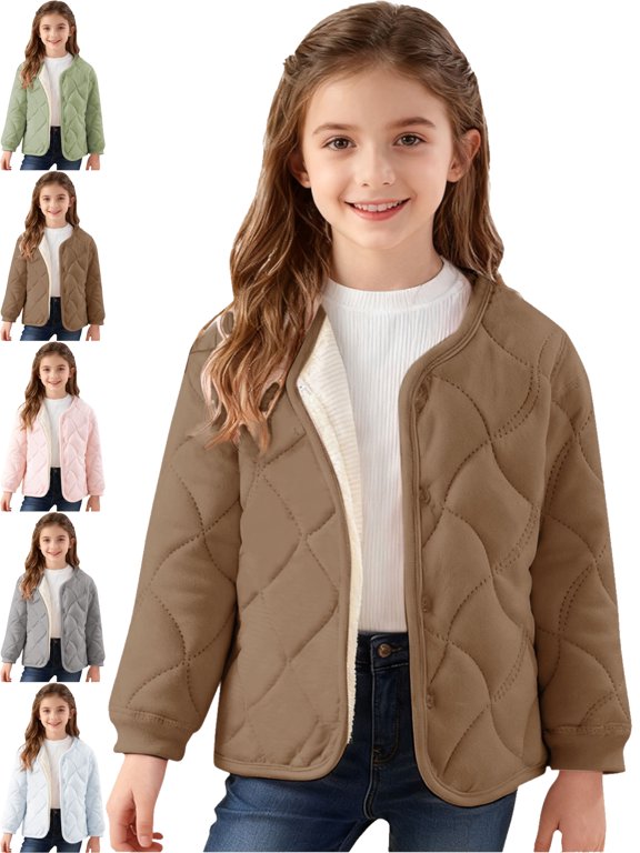 Youth Puffer Jacket for Boys Girls Diamond Quilted Fleece Lined Button Front Winter Coat