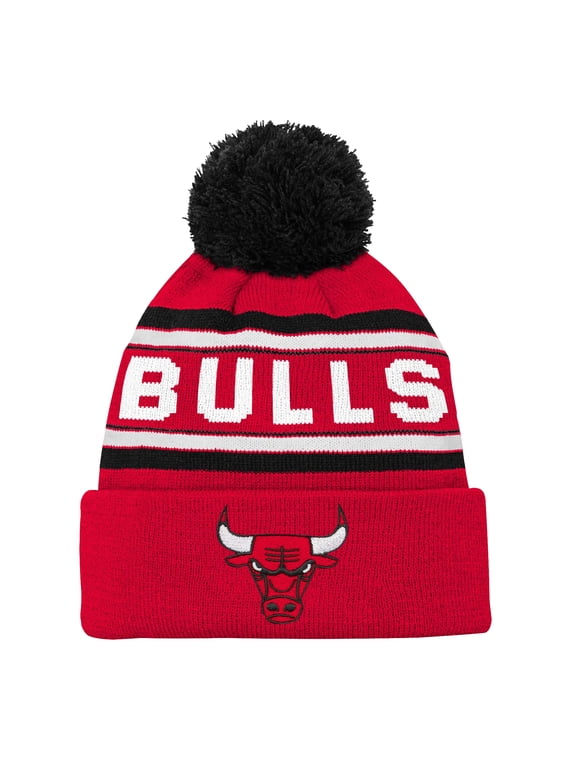 Youth Red Chicago Bulls Backboard Jacquard Cuffed Knit Hat with Pom