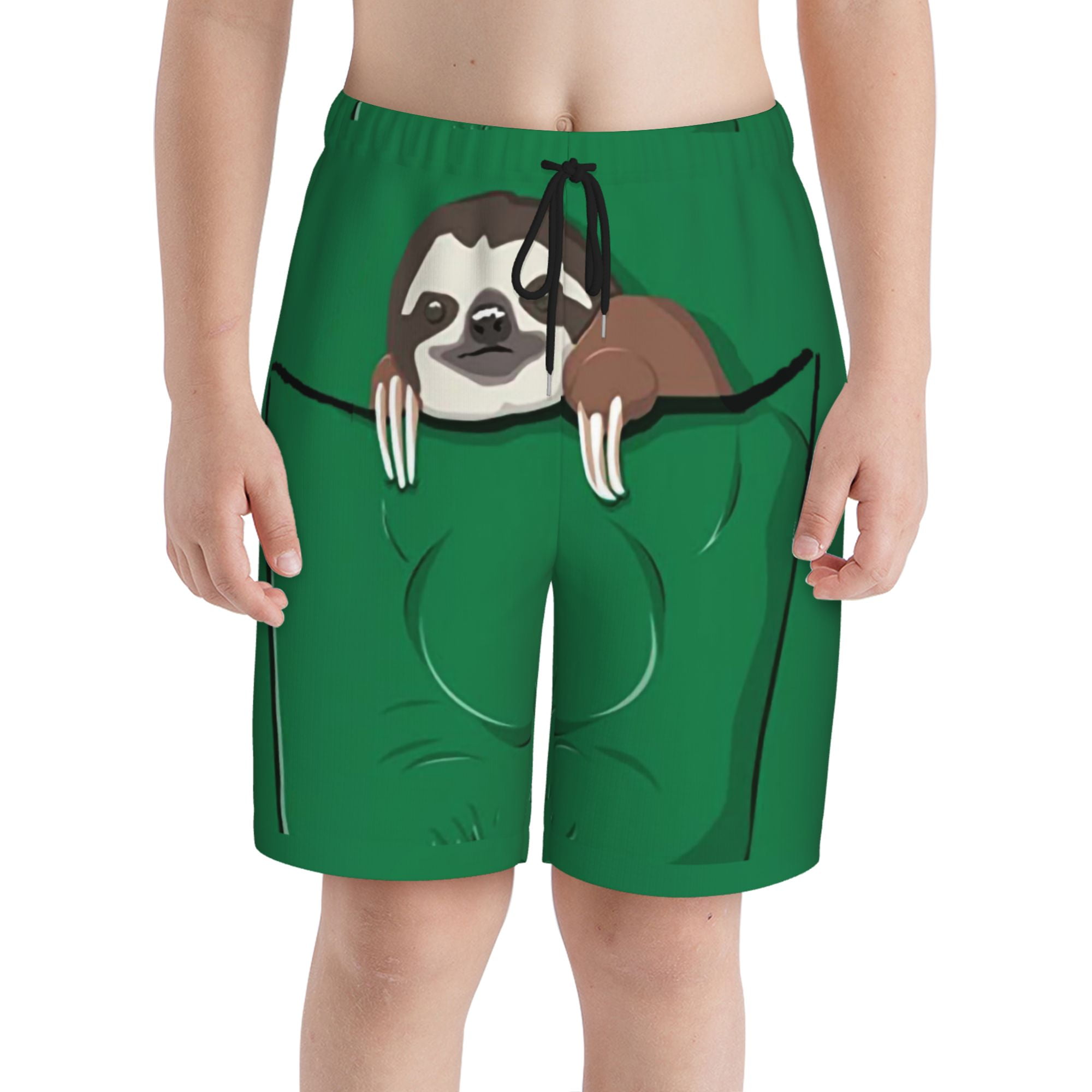 Youth'S Swim Trunks Green Sloth Swim Shorts Print Beach Board Shorts