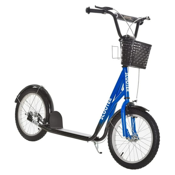 Youth Scooter, Kick Scooter with Adjustable Handlebars, Double Brakes, 16" Inflatable Rubber Tires, Basket, Cupholder Blue 54.75"L x 22.75"W x 37.75"H