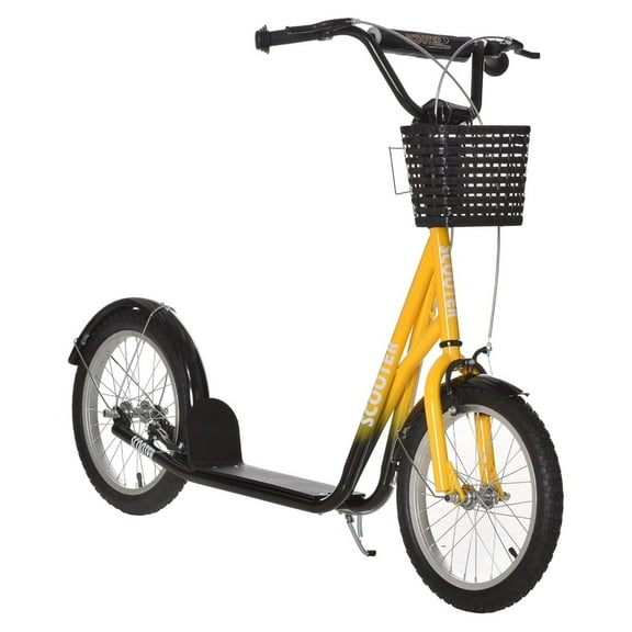 Youth Scooter, Kick Scooter with Adjustable Handlebars, Double Brakes, 16" Inflatable Rubber Tires, Basket, Cupholder Orange 54.75"L x 22.75"W x 37.75"H