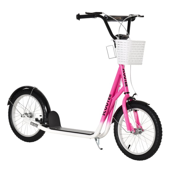Youth Scooter, Kick Scooter with Adjustable Handlebars, Double Brakes, 16" Inflatable Rubber Tires, Basket, Cupholder, Pink