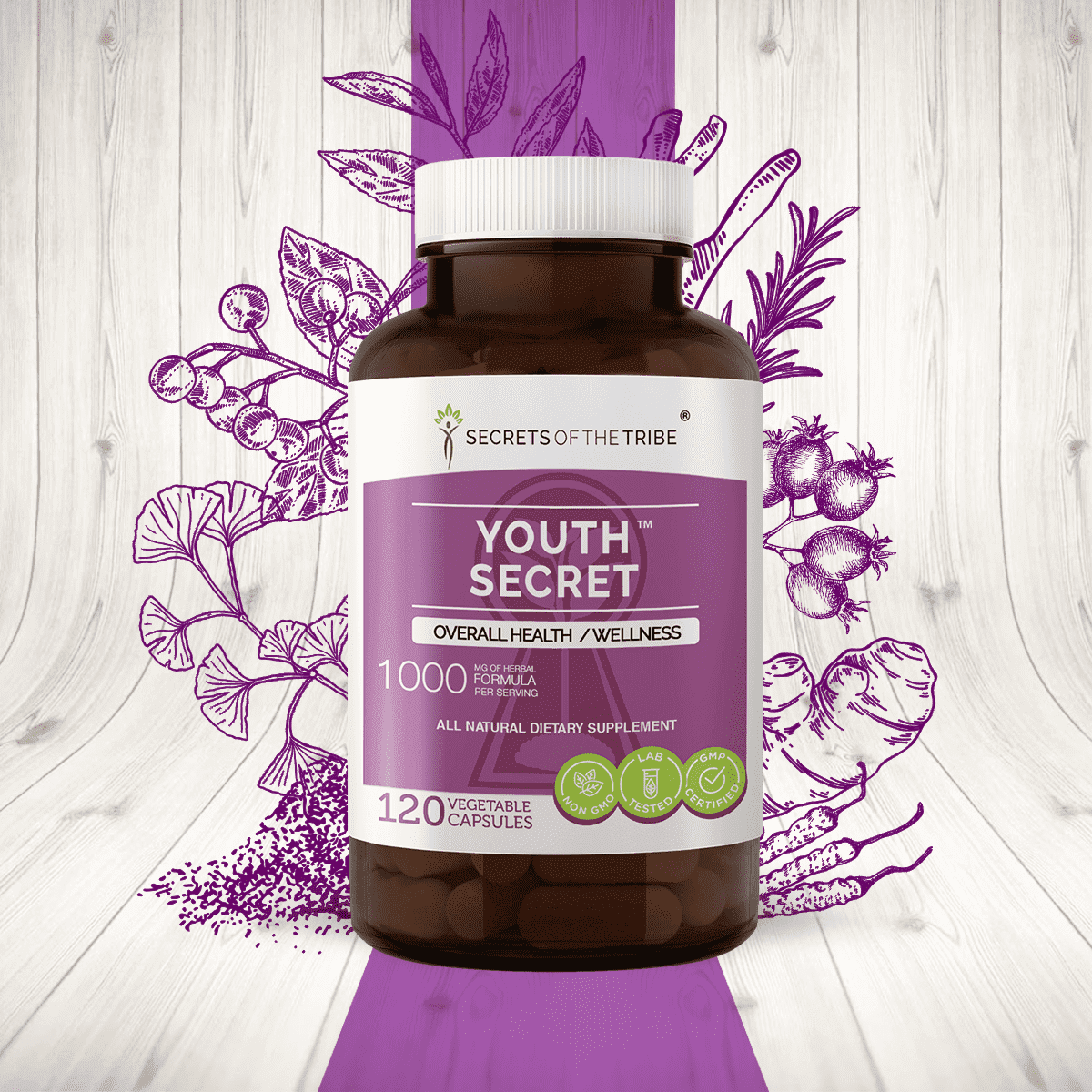 Secrets of the Tribe Youth Secret Capsules Dietary Supplement, Natural Herb Blend, Made from Hawthorn, Ginkgo, Ashwagandha, Cordyceps, Fo-Ti Root, Green Tea, Brahmi, Rosemary, Turmeric 120 Count
