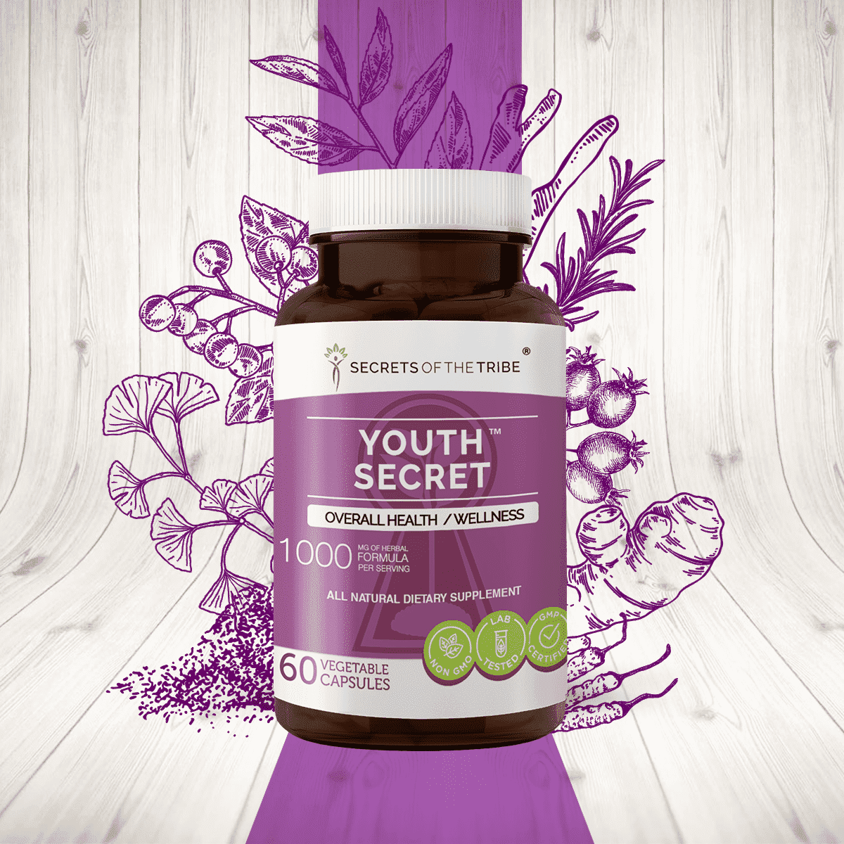 Secrets of the Tribe Youth Secret Capsules Dietary Supplement, Natural Herb Blend, Made from Hawthorn, Ginkgo, Ashwagandha, Cordyceps, Fo-Ti Root, Green Tea, Brahmi, Rosemary, Turmeric 60 Count