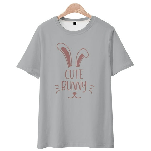 Youth Short Sleeve T-Shirt, Parent-child Outing Wear Tops, Easter Bunny Pattern, Comfort Tee, Multi-Size, Grey