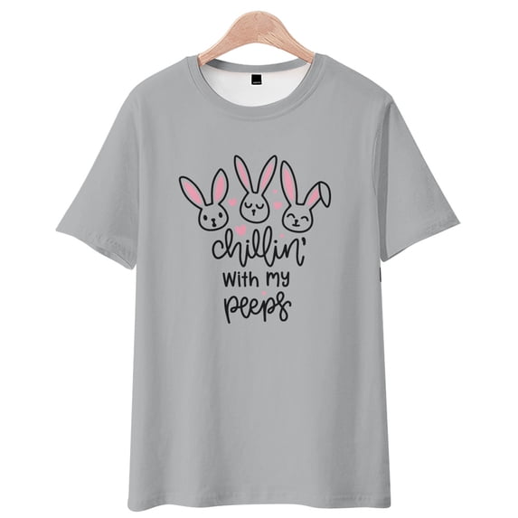 Youth Short Sleeve T-Shirt, Parent-child Outing Wear Tops, Easter Bunny Pattern, Comfort Tee, Multi-Size, Grey