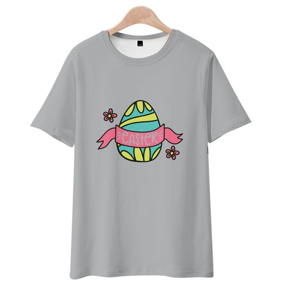 Youth Short Sleeve T-Shirt, Parent-child Outing Wear Tops, Easter Bunny Pattern, Comfort Tee, Multi-Size, Grey