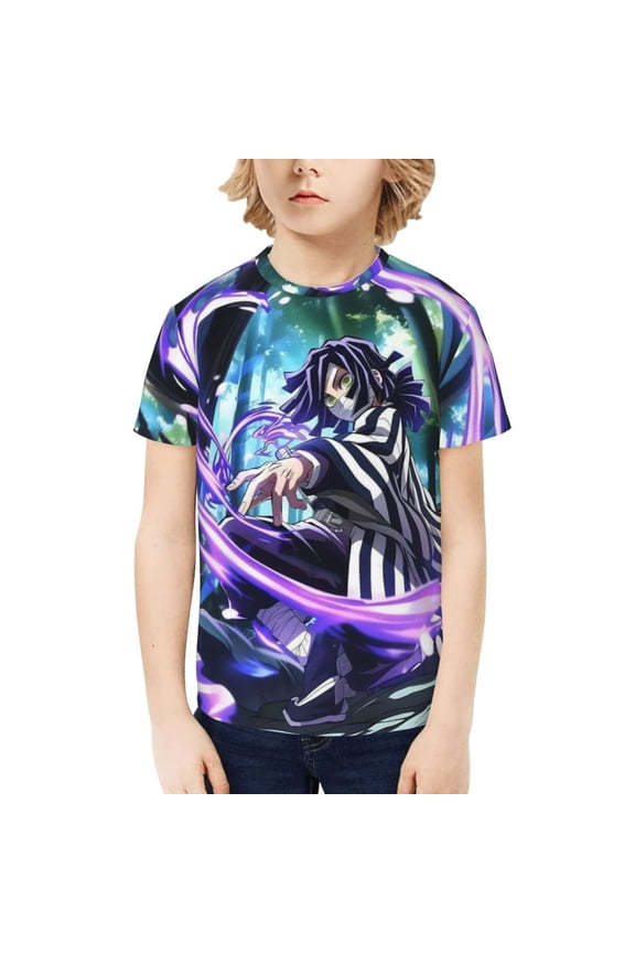 Youth Short Sleeve Tee Tops Demon Slayer Iguro Obanai T-Shirt Kids Print Shirts for Teen Boys Girls Large