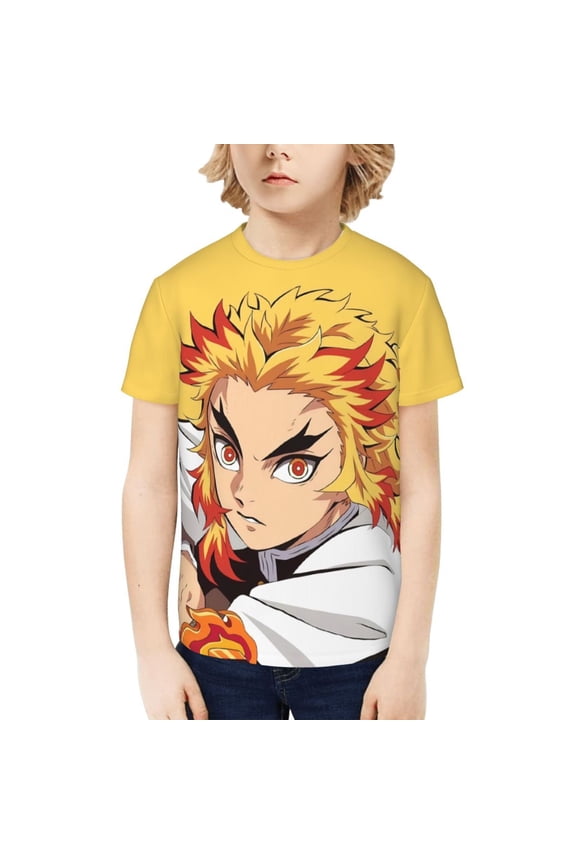 Youth Short Sleeve Tee Tops Demon Slayer Rengoku Kyojuro T-Shirt Kids Print Shirts for Teen Boys Girls X-Large