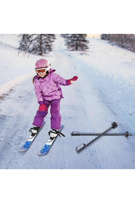 Youth Ski Starter Kit, 68cm Modern Blue Skis & Steel Poles, 50kg Max Load, Convex Fixator for Anti-Slip, Rounded Upturned Corners, Compact Storage, Suitable for 2-8 Years Old Beginners