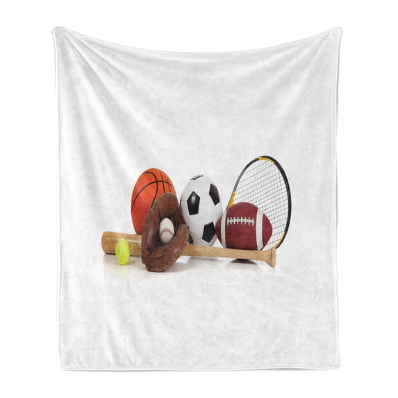 Youth Soft Flannel Fleece Blanket, Assorted Sports Equipment Different Balls Bat Tennis Racket Baseball Glove on White, Cozy Plush for Indoor and Outdoor Use, 60" x 80", Multicolor, by Ambesonne