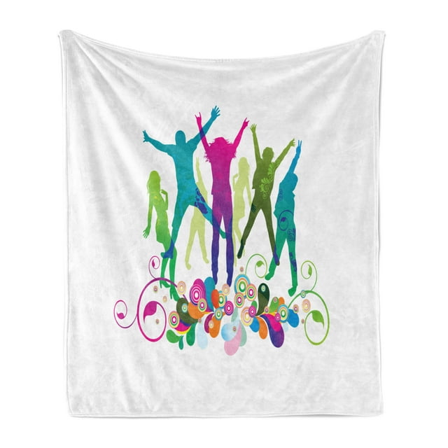 Youth Soft Flannel Fleece Blanket, Dancing Teenagers People Dancing and Jumping Vibrant Silhouettes Floral Border Detail, Cozy Plush for Indoor and Outdoor Use, 50" x 60", Multicolor, by Ambesonne