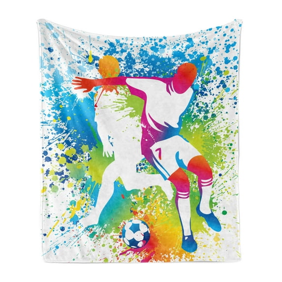 Youth Soft Flannel Fleece Blanket, Football Players with a Soccer Ball and Colorful Grunge Splashes Competition Sports, Cozy Plush for Indoor and Outdoor Use, 50" x 70", Multicolor, by Ambesonne