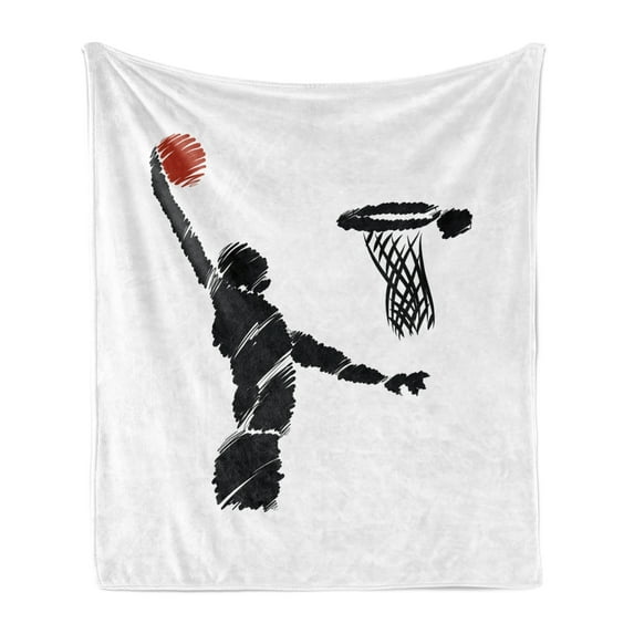 Youth Soft Flannel Fleece Blanket, Freehand Drawing Style Basketball Player Jumping Athlete Training Artwork, Cozy Plush for Indoor and Outdoor Use, 60" x 80", Cinnamon Black White, by Ambesonne