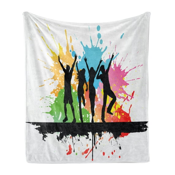 Youth Soft Flannel Fleece Blanket, Silhouettes of People Dancing Partying and Having Fun on Colorful Grunge Background, Cozy Plush for Indoor and Outdoor Use, 50" x 70", Multicolor, by Ambesonne