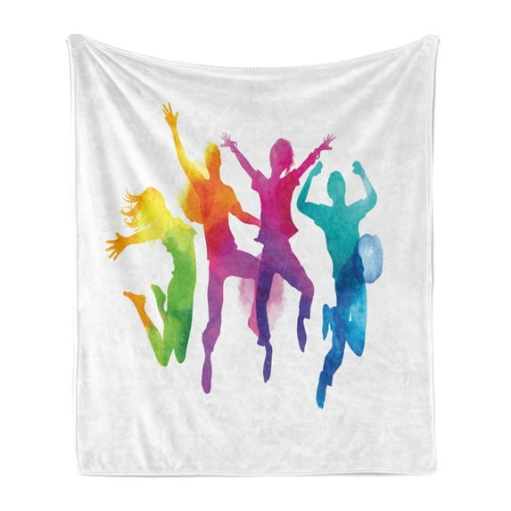 Youth Soft Flannel Fleece Blanket, Watercolor Group of Friends Jumping Human Silhouettes in Rainbow Colors Energy Print, Cozy Plush for Indoor and Outdoor Use, 70" x 90", Multicolor, by Ambesonne