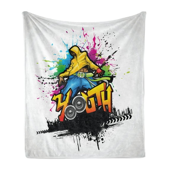 Youth Soft Flannel Fleece Blanket, Young Man Hip Hop Culture Graffiti Art and Street Culture Performer Colorful Grunge, Cozy Plush for Indoor and Outdoor Use, 70" x 90", Multicolor, by Ambesonne