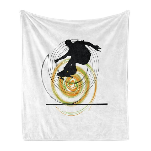 Youth Soft Flannel Fleece Throw Blanket, Black Silhouette of a Skater Man on Hand Drawn Style Spiral Hobby Activity, Cozy Plush for Indoor and Outdoor Use, 50" x 60", Orange Green Black, by Ambesonne