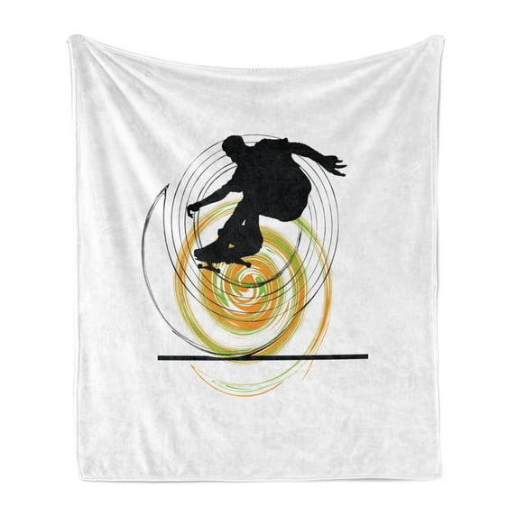 Youth Soft Flannel Fleece Throw Blanket, Black Silhouette of a Skater Man on Hand Drawn Style Spiral Hobby Activity, Cozy Plush for Indoor and Outdoor Use, 70" x 90", Orange Green Black, by Ambesonne
