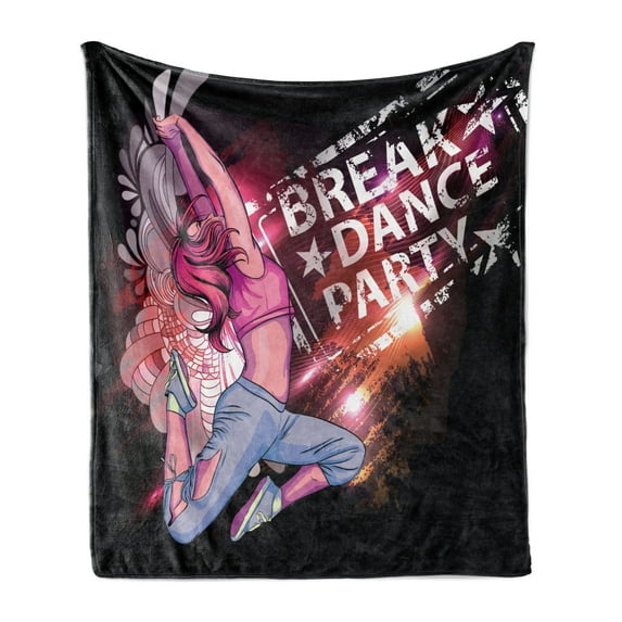 Youth Soft Flannel Fleece Throw Blanket, Break Dance Party Poster Design with a Teen Girl Jumping Disco Nightclub Lifestyle, Cozy Plush for Indoor and Outdoor Use, 50" x 60", Multicolor, by Ambesonne