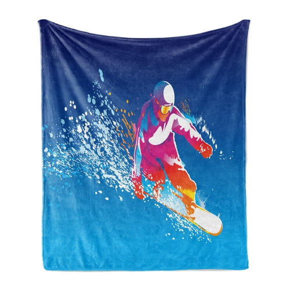 Youth Soft Flannel Fleece Throw Blanket, Colorful of a Young Man Snowboarding on Blue Background with Paint Splashes, Cozy Plush for Indoor and Outdoor Use, 60" x 80", Multicolor, by Ambesonne