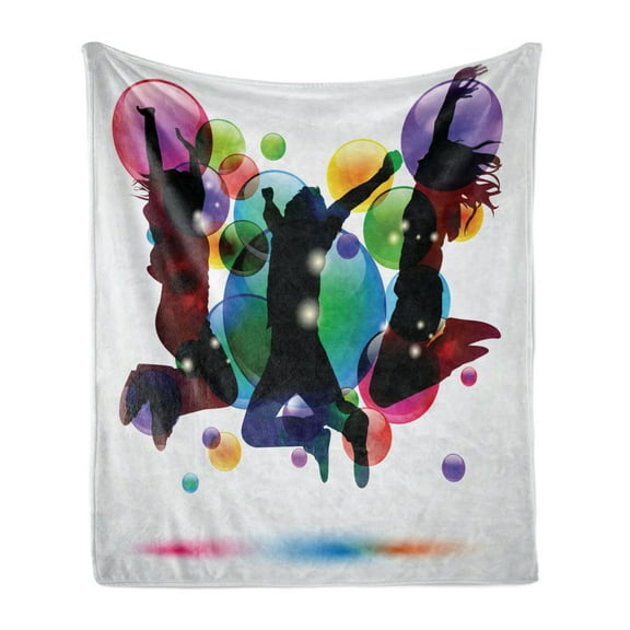 Youth Soft Flannel Fleece Throw Blanket, Happy People Teenagers Jumping and Bubbles in Vibrant Colors Partying with Friends, Cozy Plush for Indoor and Outdoor Use, 50" x 60", Multicolor, by Ambesonne