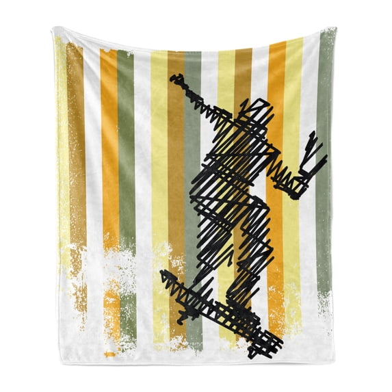 Youth Soft Flannel Fleece Throw Blanket, Jumping Skateboarder Scribble Sketch Art on Striped Backdrop with Grunge Effects, Cozy Plush for Indoor and Outdoor Use, 50" x 60", Multicolor, by Ambesonne