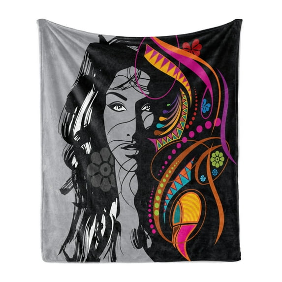 Youth Soft Flannel Fleece Throw Blanket, Woman with Black Hair Floral and Geometric Ornaments Glamor Femininity, Cozy Plush for Indoor and Outdoor Use, 70" x 90", Multicolor, by Ambesonne