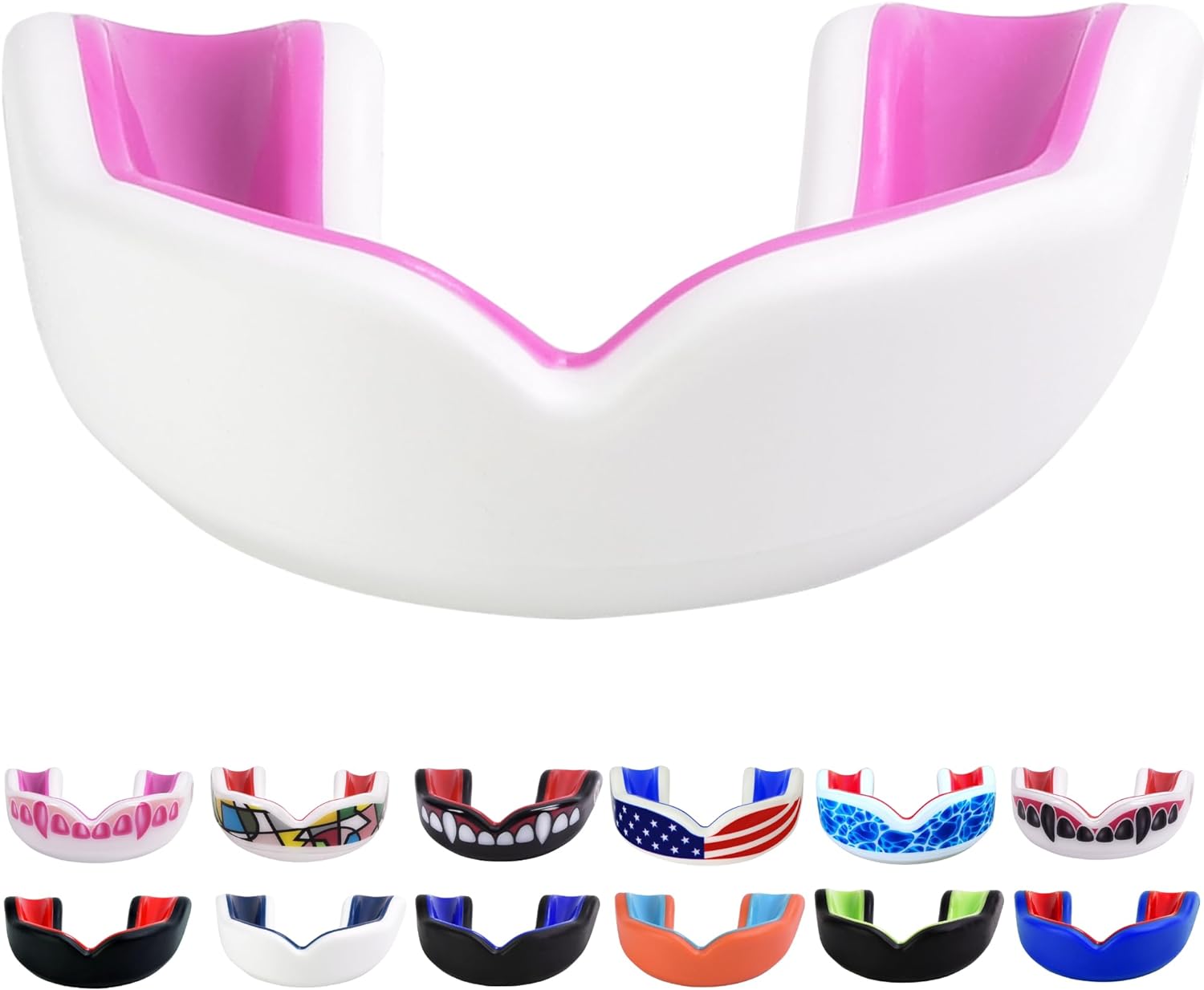 Youth Sports Mouth Guard for Kids (USA Flag, Fangs, 20+ Colors to Choose from) Mouthguard for Football, MMA, Karate, Boxing, Rugby, BJJ, Flag Football – /w Case (Youth, Strapless)