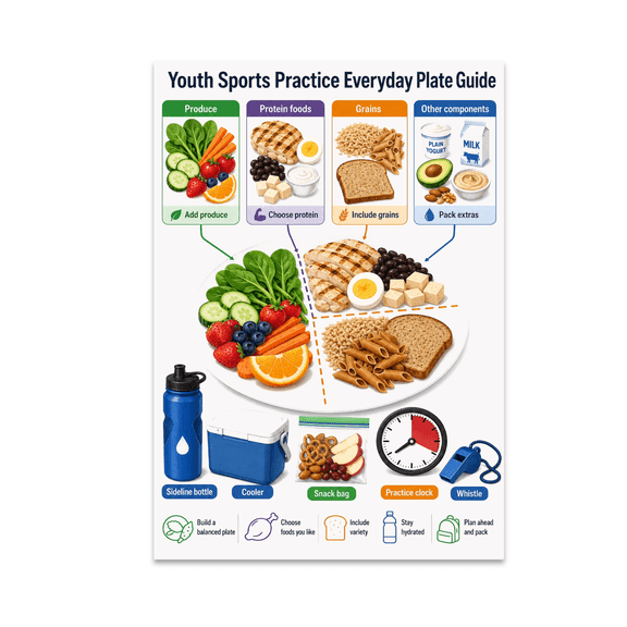 Youth Sports Practice Everyday Plate Guide Poster, Coaches, Sports Families, Practice Spaces, and Nutrition Education, 13x19 Glossy Paper