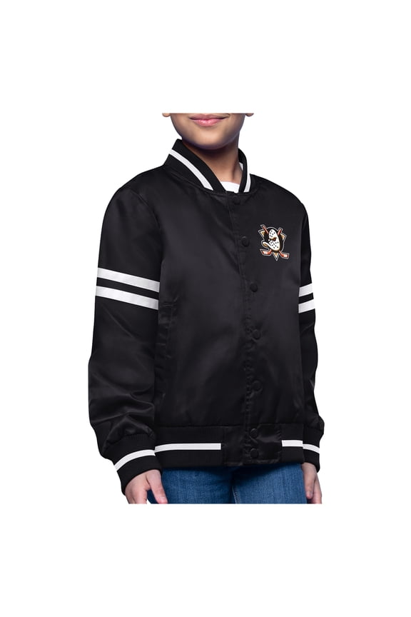 Youth-Starter Black Anaheim Ducks Printed Logo Satin Varsity Full-Snap Jacket