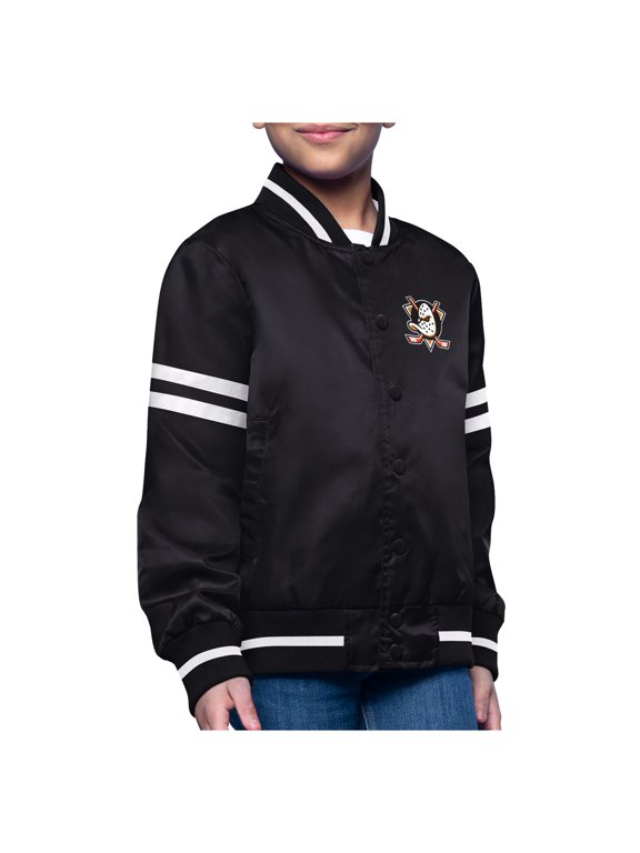 Youth-Starter Black Anaheim Ducks Printed Logo Satin Varsity Full-Snap Jacket