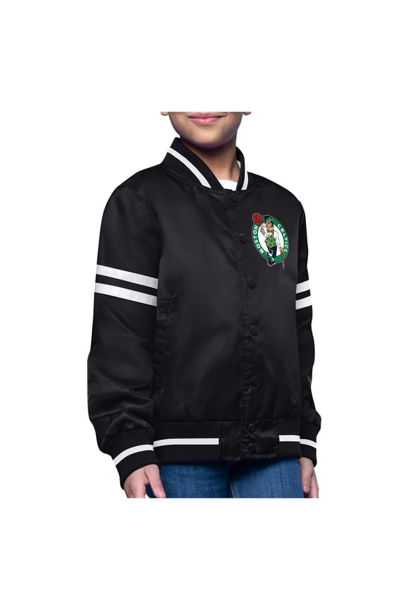 Youth-Starter Black Boston Celtics Printed Logo Varsity Satin Full-Snap Jacket