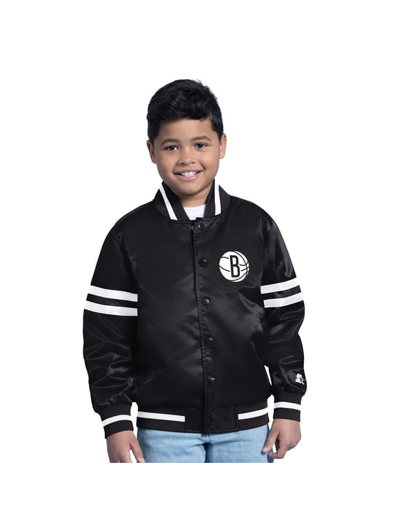 Youth Starter Black Brooklyn Nets Satin Full-Snap Varsity Jacket