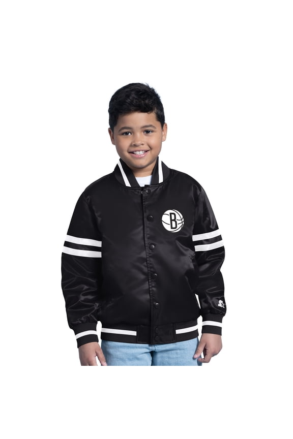 Youth Starter Black Brooklyn Nets Satin Full-Snap Varsity Jacket