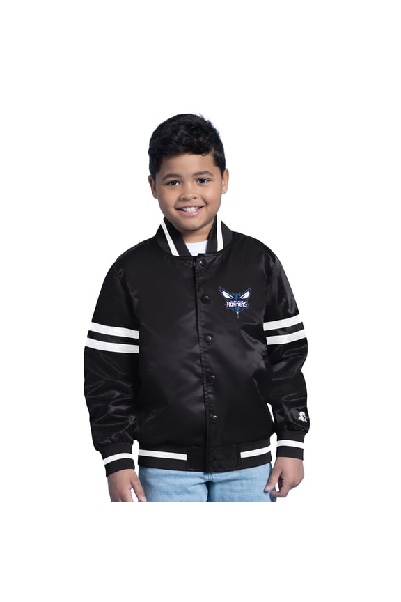 Youth Starter Black Charlotte Hornets Satin Full-Snap Varsity Jacket