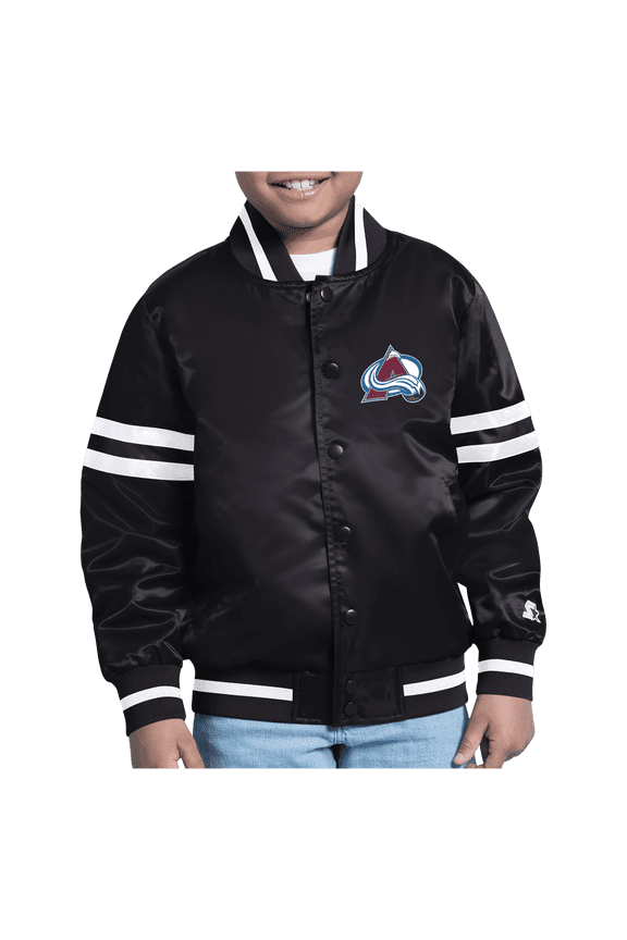 Youth Starter Black Colorado Avalanche Starter Printed Logo Satin Varsity Full-Snap Jacket