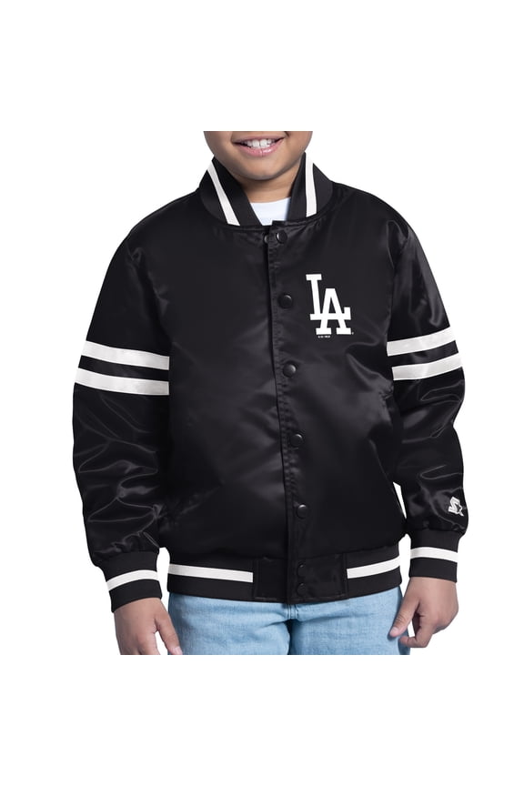 Youth Starter Black Los Angeles Dodgers Team Logo Full-Snap Satin Varsity Jacket
