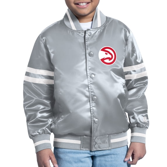 Youth Starter Gray Atlanta Hawks Comic-Style Satin Full-Snap Varsity Jacket